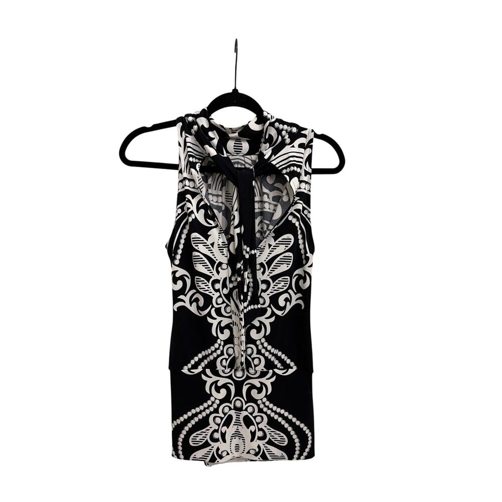 White House Black Market Sleeveless Black White Mock Neck Damask Top XS